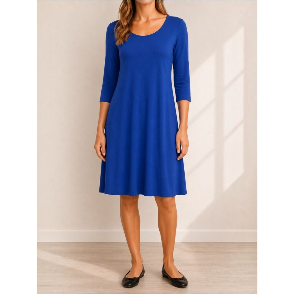 Eileen Fisher Blue Jersey Swing Dress M 3/4 Sleeve Scoop Neck Midi Minimalist